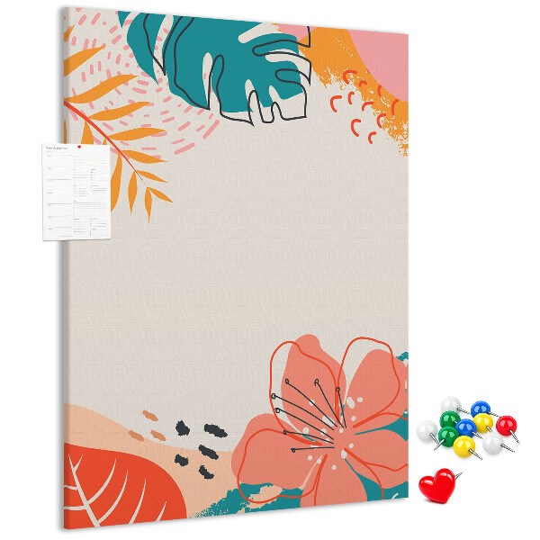 Pizarra de corcho decorativa con diseño de hojas y flores tropicales en tonos pastel