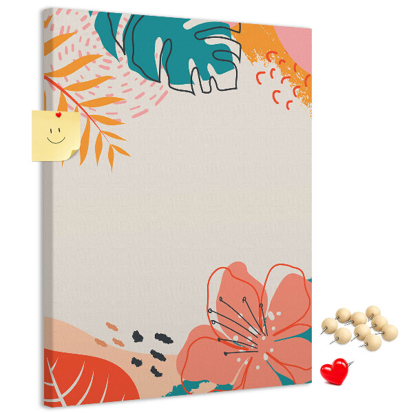Pizarra de corcho decorativa con diseño de hojas y flores tropicales en tonos pastel