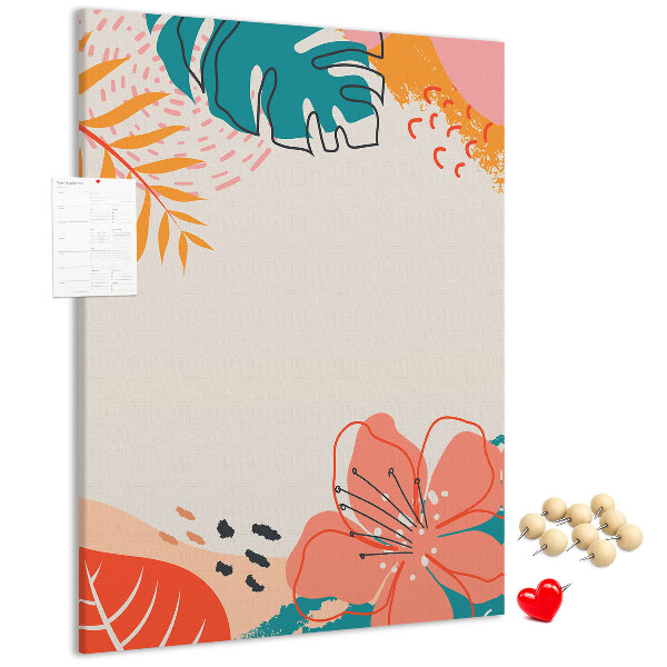 Pizarra de corcho decorativa con diseño de hojas y flores tropicales en tonos pastel