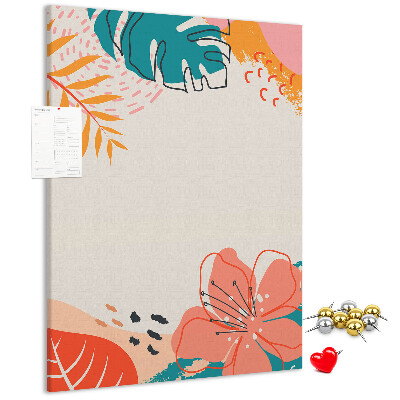 Pizarra de corcho decorativa con diseño de hojas y flores tropicales en tonos pastel