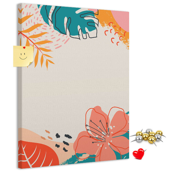 Pizarra de corcho decorativa con diseño de hojas y flores tropicales en tonos pastel