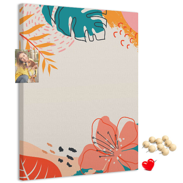 Pizarra de corcho decorativa con diseño de hojas y flores tropicales en tonos pastel
