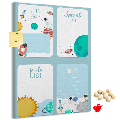 Tablero de corcho para pared con diseño de agenda cósmica y motivo planetario