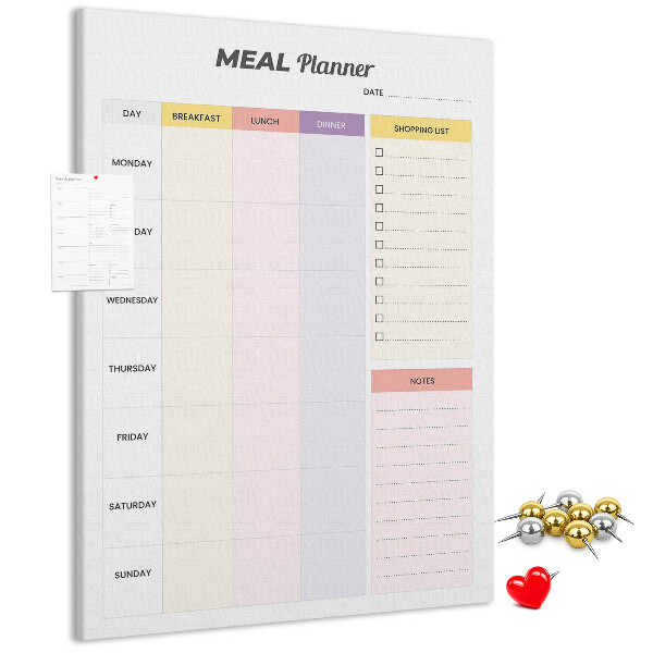 Tablero de corcho para pared planificador de comidas con secciones de colores