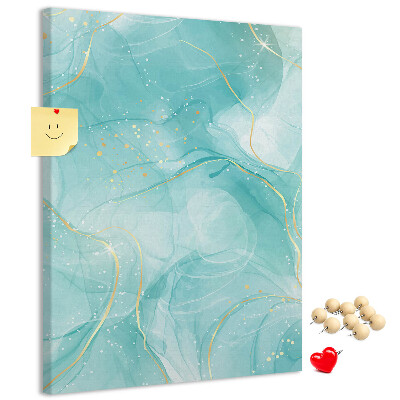 Pizarra de corcho decorativa con diseño de delicadas olas azules y detalles dorados