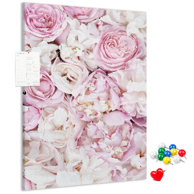 Pizarra de corcho decorativa con diseño de flores rosas en combinación de colores delicada