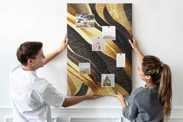 Tablero de corcho para pared con textura de tela de ondas doradas y negras