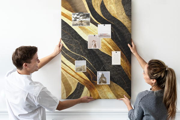 Tablero de corcho para pared con textura de tela de ondas doradas y negras
