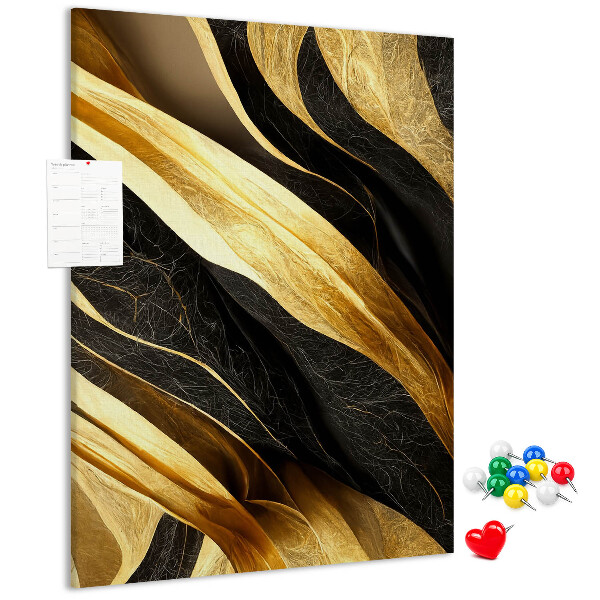 Tablero de corcho para pared con textura de tela de ondas doradas y negras