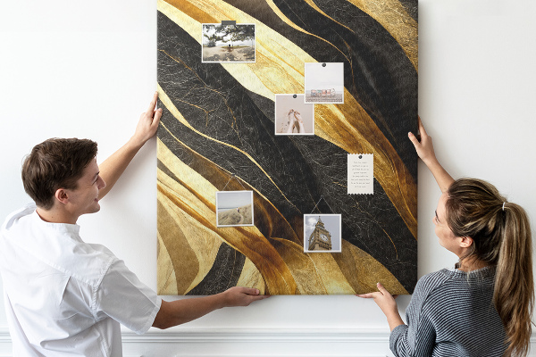 Tablero de corcho para pared con textura de tela de ondas doradas y negras