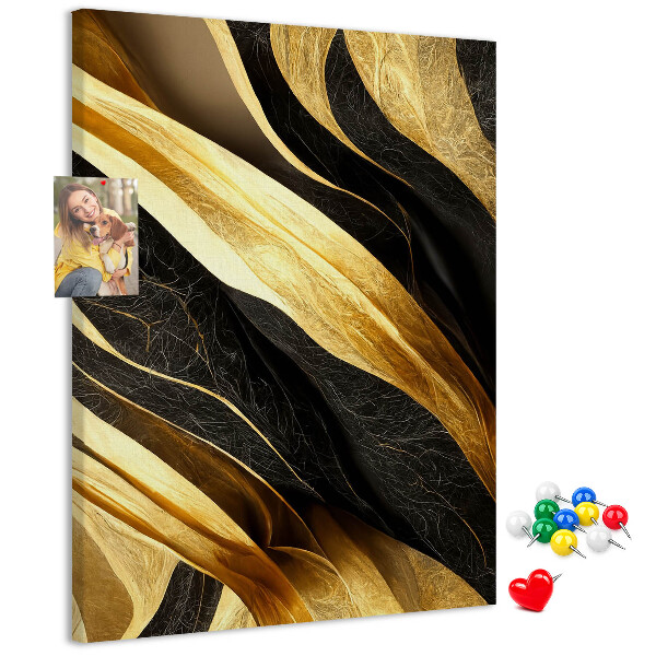 Tablero de corcho para pared con textura de tela de ondas doradas y negras