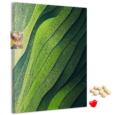 Pizarra de corcho decorativa con diseño de ondas de hojas verdes en tonos sutiles