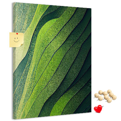 Pizarra de corcho decorativa con diseño de ondas de hojas verdes en tonos sutiles
