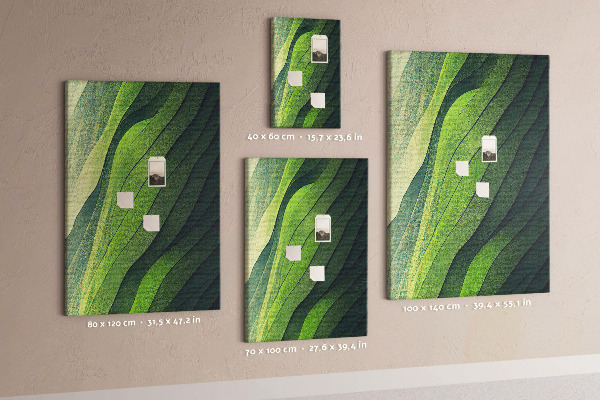 Pizarra de corcho decorativa con diseño de ondas de hojas verdes en tonos sutiles