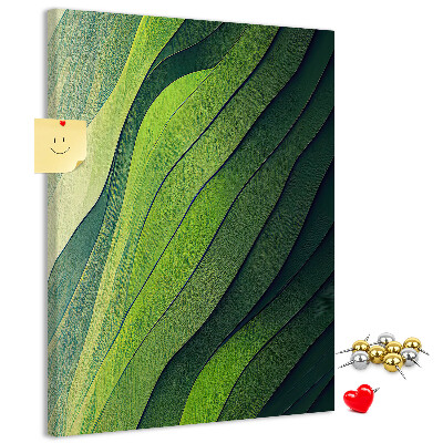 Pizarra de corcho decorativa con diseño de ondas de hojas verdes en tonos sutiles