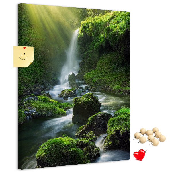 Decoración pizarra de corcho Valle verde con una cascada y un arroyo.