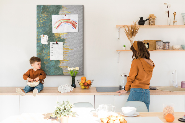 Tablero de corcho para pared con diseño de paisaje abstracto en tonos verdes