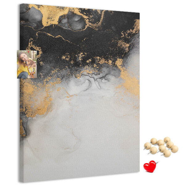 Pizarra de corcho decorativa con diseño abstracto en negro y dorado