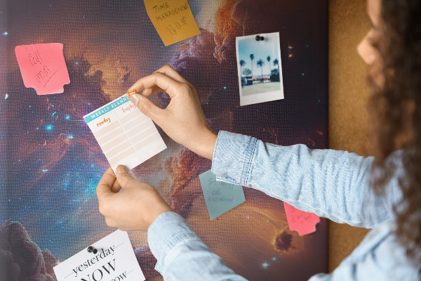 Tablero de corcho para pared con diseño de fenómenos cósmicos en una galaxia colorida