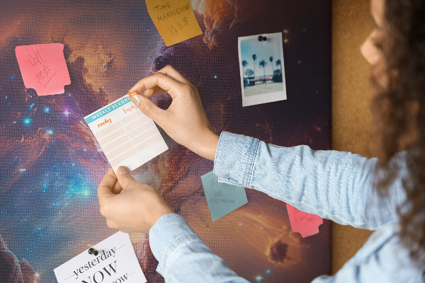 Tablero de corcho para pared con diseño de fenómenos cósmicos en una galaxia colorida