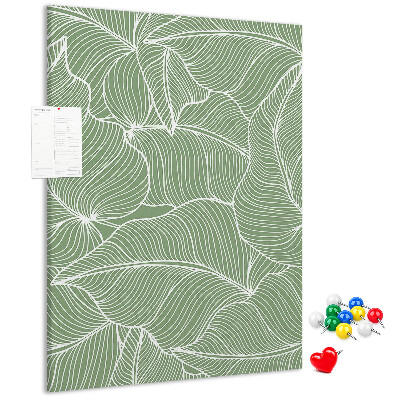 Pizarra de corcho decorativa hojas delicadas sobre fondo verde