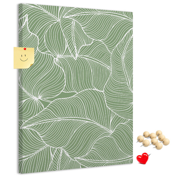 Pizarra de corcho decorativa hojas delicadas sobre fondo verde