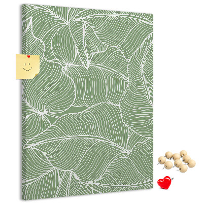 Pizarra de corcho decorativa hojas delicadas sobre fondo verde