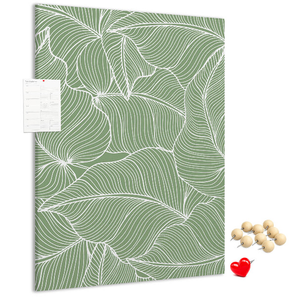 Pizarra de corcho decorativa hojas delicadas sobre fondo verde