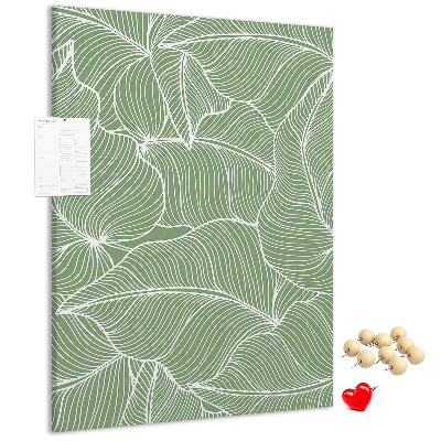 Pizarra de corcho decorativa hojas delicadas sobre fondo verde