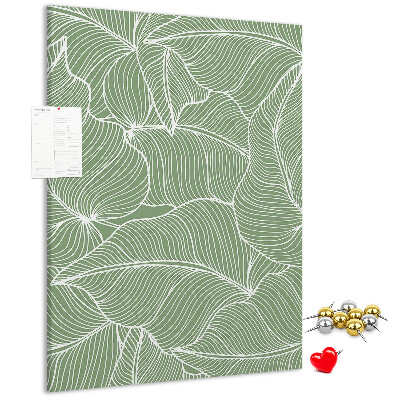Pizarra de corcho decorativa hojas delicadas sobre fondo verde