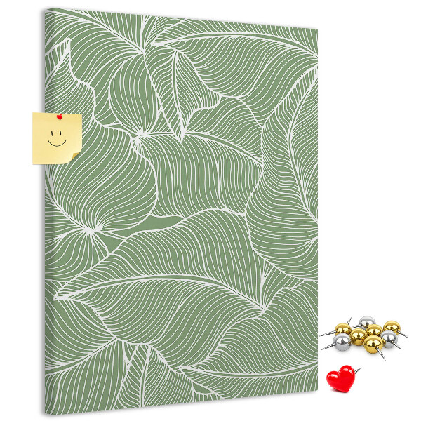 Pizarra de corcho decorativa hojas delicadas sobre fondo verde