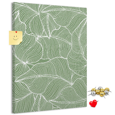 Pizarra de corcho decorativa hojas delicadas sobre fondo verde