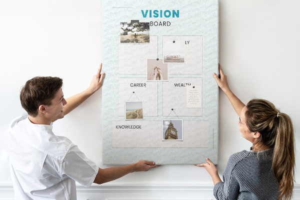 Tablero de corcho para visión organizador con cuatro categorías de objetivos