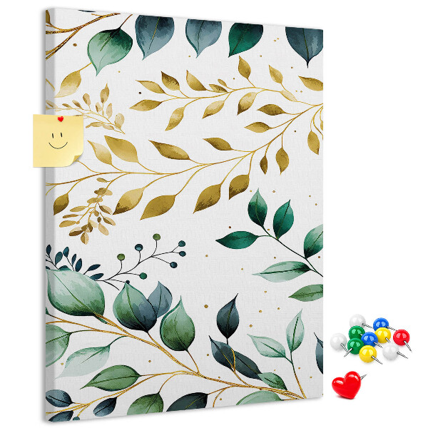 Pizarra de corcho decorativa hojas doradas sobre fondo claro