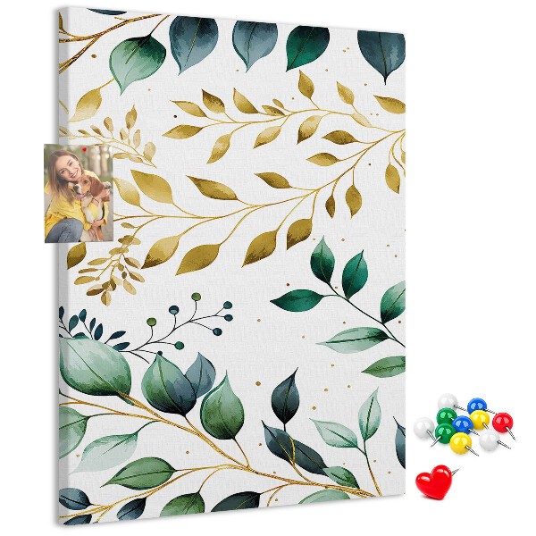 Pizarra de corcho decorativa hojas doradas sobre fondo claro