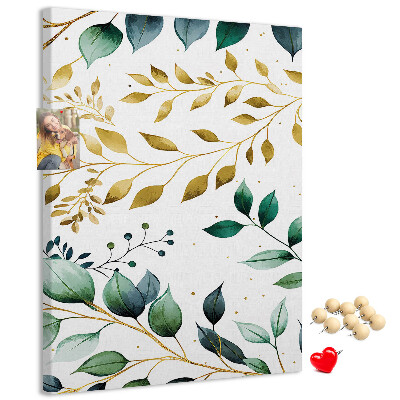 Pizarra de corcho decorativa hojas doradas sobre fondo claro