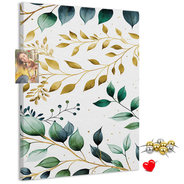 Pizarra de corcho decorativa hojas doradas sobre fondo claro