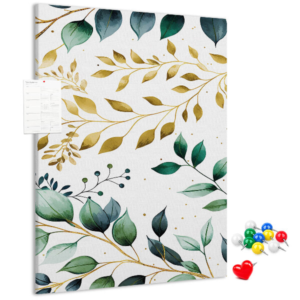 Pizarra de corcho decorativa hojas doradas sobre fondo claro