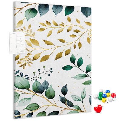 Pizarra de corcho decorativa hojas doradas sobre fondo claro