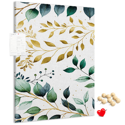 Pizarra de corcho decorativa hojas doradas sobre fondo claro