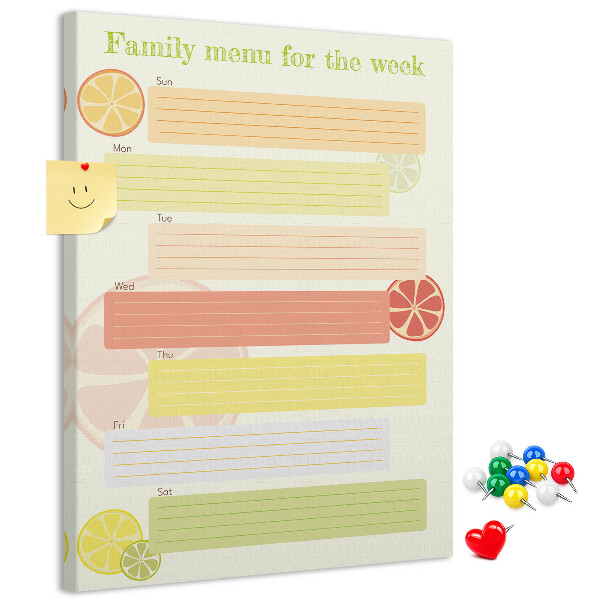 Tablero de corcho para pared con diseño colorido de planificador semanal de comidas para la familia