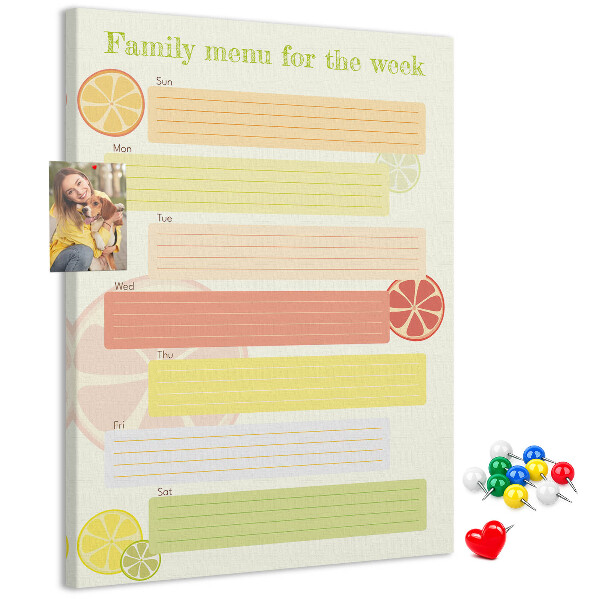 Tablero de corcho para pared con diseño colorido de planificador semanal de comidas para la familia