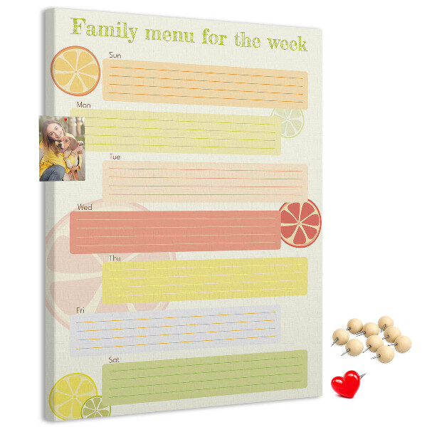 Tablero de corcho para pared con diseño colorido de planificador semanal de comidas para la familia