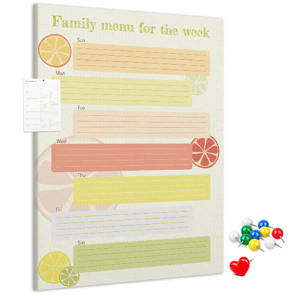 Tablero de corcho para pared con diseño colorido de planificador semanal de comidas para la familia