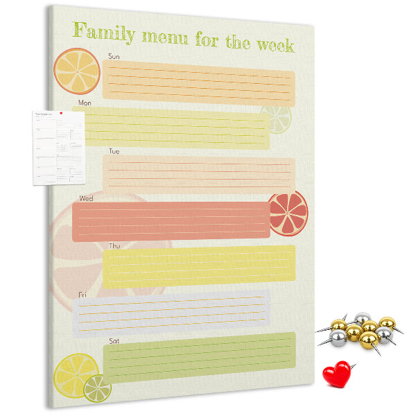 Tablero de corcho para pared con diseño colorido de planificador semanal de comidas para la familia