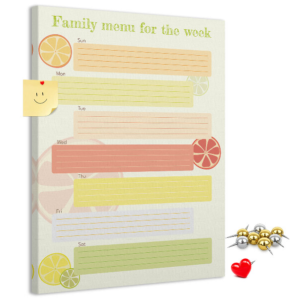 Tablero de corcho para pared con diseño colorido de planificador semanal de comidas para la familia