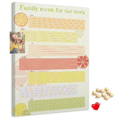 Tablero de corcho para pared con diseño colorido de planificador semanal de comidas para la familia