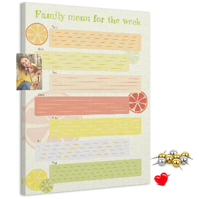 Tablero de corcho para pared con diseño colorido de planificador semanal de comidas para la familia