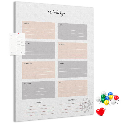 Tablero de corcho planificador semanal con secciones de colores