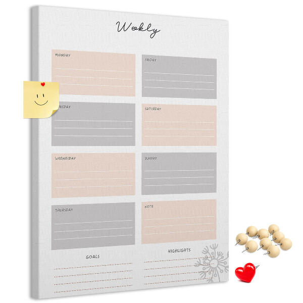 Tablero de corcho planificador semanal con secciones de colores